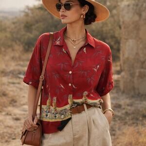 Weekend Traffic Red Tropical Safari Button Up Shirt Elephant Print Women’s Large